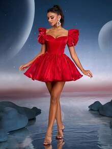 Anymoon Sexy New Fashion Prom Dress,Party Dress With Puff Sleeve Suitable For Music Festivals, Graduations, Homecomings Parties And More - Burgundy - View 2