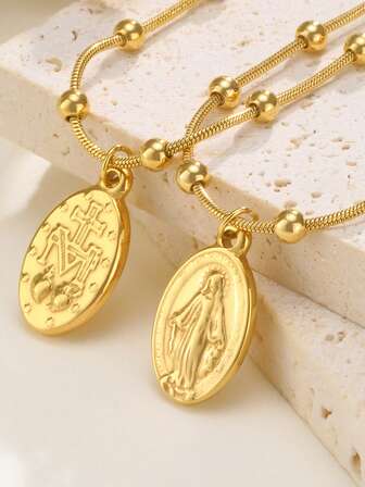 1 pièce Collier de mode en acier inoxydable plaqué or 18 carats avec croix et perle Madone, bijoux pour femmes, chrétien