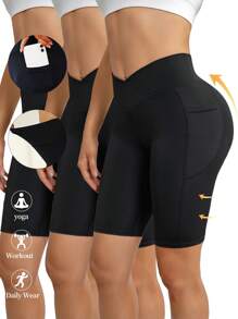 3 piezas Pantalones cortos de yoga de cintura alta con bolsillos, tela transpirable, pantalones cortos deportivos de compresión con efecto levantamiento de glúteos para mujeres - Ropa deportiva de estilo deportivo para gimnasio