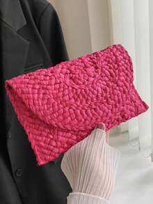 Yogodlns Corn Husk Weave Dinner Clutch Bag Women's Fashion Simple Solid Straw Large Purse Woman Summer Casual - Hot Pink - View 4
