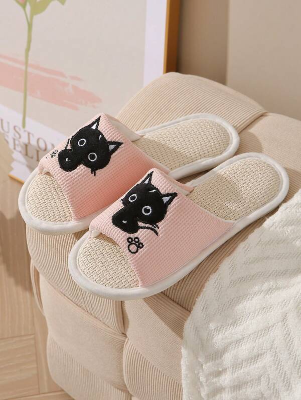 1 Pair Comfortable Cute Cat Pattern Slippers, Open Toe Fluffy Indoor Flat Shoes, Warm And Cozy Bedroom Floor Slippers