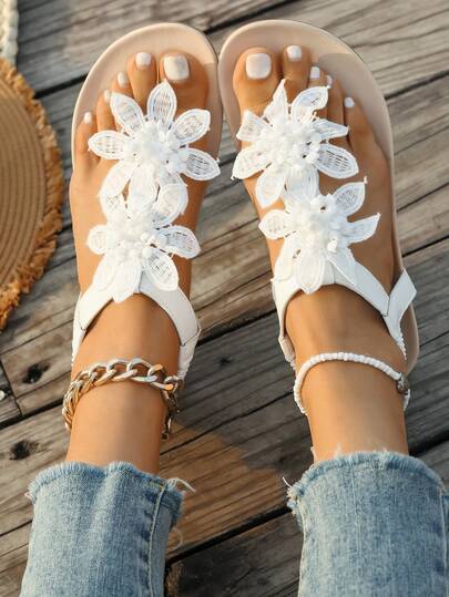 1 Pair Beige European & American Fashion Slip-On Elastic Sandals With Open Toe, Floral Decor, Thick Sole Comfortable For Standing Long Hours, Casual Outdoor Vacation, New Summer 2025