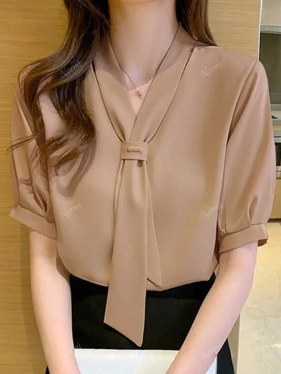 女士纯色休闲/工作服短袖蝴蝶结衬衫