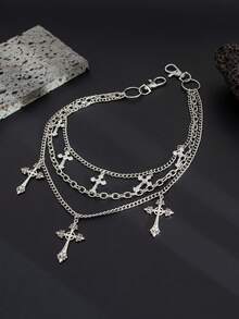 1 件时尚朋克十字腰链，男士个性化魅力多层金属链身体链，用于裤子装饰，节日礼物 - 銀色 - 查看 5