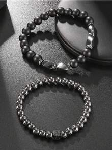 2pcs Fashionable Versatile Black Agate Beaded Bracelets For Men - Black - View 5