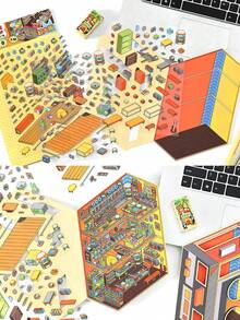 1 件/套韩国 3D 风景迷你房子剪贴簿 PET 贴纸，2.5D 哑光装饰贴纸，更大尺寸“营业中”系列 4 种设计：音乐工作室、电子竞技室、能量补充站、游戏中心、学校用品、返校 - 彩色 - 查看 3