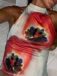 Women Y2k Floral Tie Top Coquette Boho Bow Backless Sleeveless Tank Top Summer Going Out Cami Top Fairy Streetwear - 杏色 - 查看 4