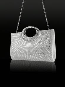 Sparkling And Charming Party Evening Handbag, Inlaid With Sparkling Rhinestone Decoration, New Style Women's Handbag, Matched With Sparkling Rhinestone Pendant Jewelry Three Pieces Set, Luxury Rhinestone Necklace Bracelet Earrings, Very Suitable For Parties, Weddings, Dinners, Matching With Wedding Dresses, Sequined Evening Dresses. - Silver - View 6