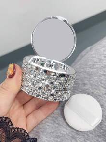 1pc Silver Diamond-Shaped Portable Travel Mirror & Makeup Sponge Case, Refillable 6g Compartment - Multicolor - View 6