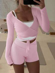 Ballet Wrap Tie Top Women Pilates Workout Yoga White Cross Wrap Top Y2k V Neck Long Sleeve Slim Fitted Self Tie T-Shirts Tops - 粉色 - 查看 6