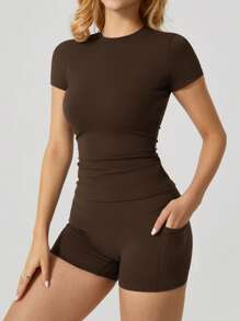 2pcs Women Spring/Summer Fashion Round Neck Short Sleeve T-Shirt And Side Pocket Sports Shorts Set