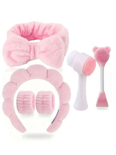 6-In-1 Face Care Set: Headbands, Headwraps, Deep Cleansing & Spa Facial Brush Kit - Portable Skincare Set With Soft Flannel Headbands, Silicone Exfoliating Brush - Ideal Gift For Women
