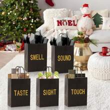 5-Sinne Geschenktüte, passend für Ihn/Sie, beinhaltet 10 Stücke Taschentücher, Papiertüte mit Griff, 5 Sinnes-Geschenkgegenstände, großartig für Valentinstag, Weihnachten, Geburtstag, Hochzeitstag (Schwarz, 21 x 11 x 27 cm)