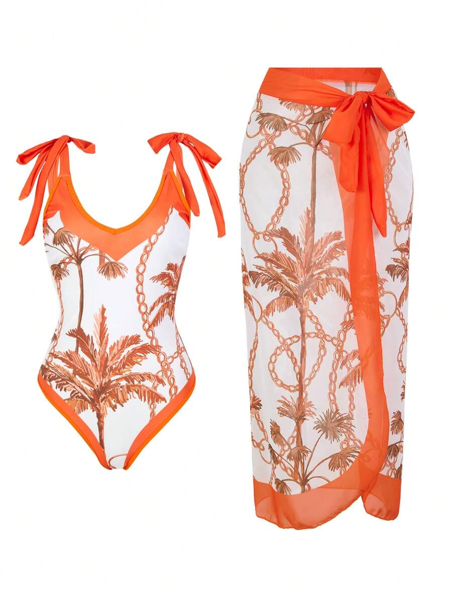 夏季沙滩度假女士时尚性感连体荷叶边泳衣配纱笼裙套装欧美风格保守遮瑕