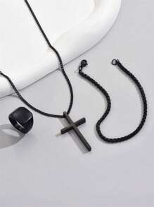 Set de joyería de 3 piezas con colgante, pulsera y anillo de cruz de acero inoxidable simple, estilo casual de calle, regalo ideal para novio, esposo en cumpleaños, aniversario