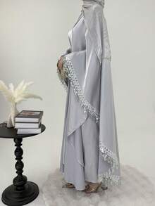 2pcs Set Fashionable Modest Sequin Fringe & Robe, Round Neck, Graceful & Elegant Abaya Robe Outfit For Party, Date, Ceremony - Grey - View 4