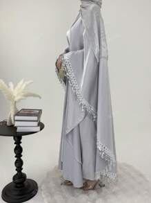 Set de 2 piezas Conjunto modesto y elegante con flecos con lentejuelas y bata, cuello redondo, conjunto de abaya elegante y grácil para fiesta, cita, ceremonia