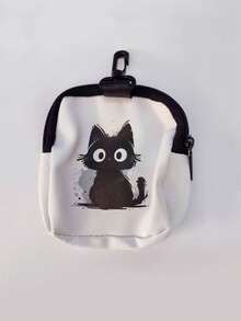 1pc White Background Black Cat Print Data Cable, Charger, Coin Purse & Earphone Storage Bag - Waterproof Zipper Pouch, Multi-Function Mini Storage Case Cable Organizer - Black and White - View 6