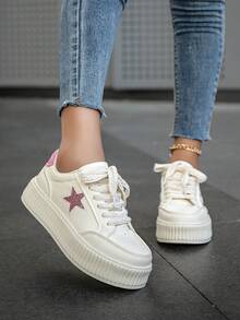 Zapatillas deportivas casuales con cordones y efecto color block para mujer, zapatos deportivos ligeros y versátiles con estampado de estrella para uso en exteriores - Rosa Fucsia - Ver 11