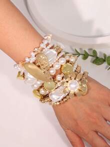 12 قطعة من الأساور مجموعة أنيقة ذات زخرفة من اللؤلؤ البروكي والزهور والقلوب الذهبية، مناسبة للسيدات في المناسبات الاجتماعية والحفلات - متعدد الألوان - مشاهدة 5