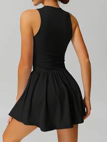 NcmRyu 1套女士时尚弹力安全短裤，带口袋和拉链，运动连衣裙 - 黑色 - 查看 2