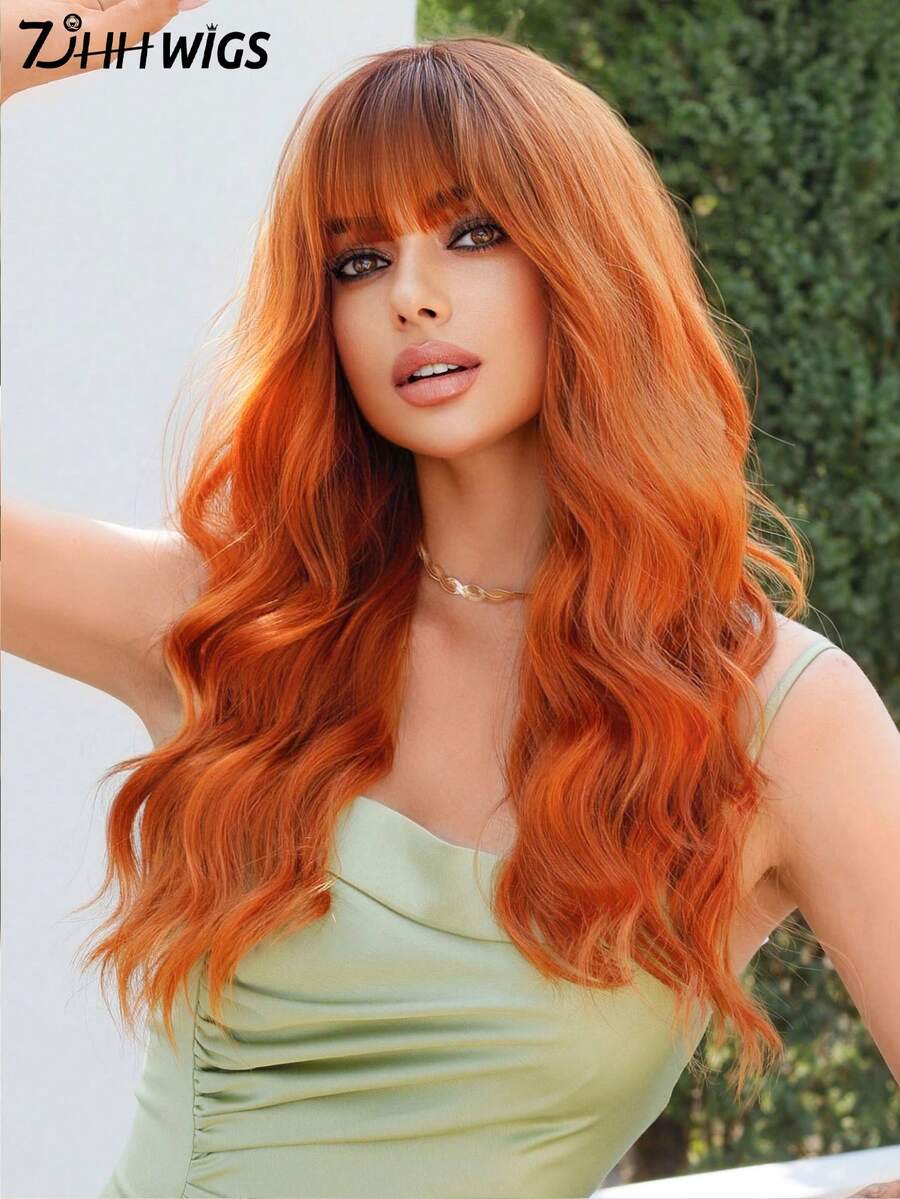 7JHH WIGS 24 Inch Dirty Orange Long Wavy Wigs For Fashion Women,Pumpkin Orange Gorgeous Loose Wave Curly Wig With Bangs, Heat Resistant Fiber Synthetic Full Machine Wig For Girls Music Festival Party Streetwear, Anime Or Costume Use - 臟橘色 - 查看 1