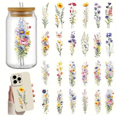 24Pcs High-Quality UV DTF Watercolor Wildflowers 3D Rub-On Transfer Paper, Cup Wraps For 16 OZ Libbey Glass Can, Water Bottle, Cup - Waterproof, Durable Plastic Material, DIY Decoration