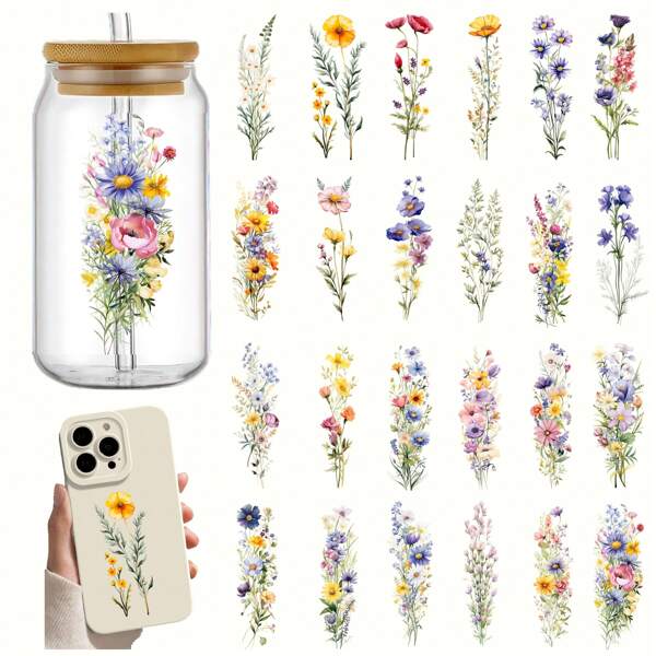 24Pcs High-Quality UV DTF Watercolor Wildflowers 3D Rub-On Transfer Paper, Cup Wraps For 16 OZ Libbey Glass Can, Water Bottle, Cup - Waterproof, Durable Plastic Material, DIY Decoration