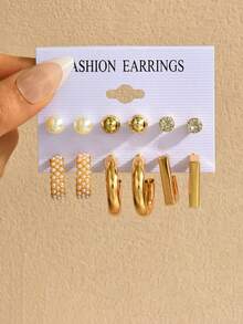 12/24pcs Minimalist Rhinestone & Faux Pearl Butterfly Geometric Earring Set, Fashion Jewelry Gift For Women, Suitable For Vacation, Date, Party, Daily Wear - Style 1 - View 3