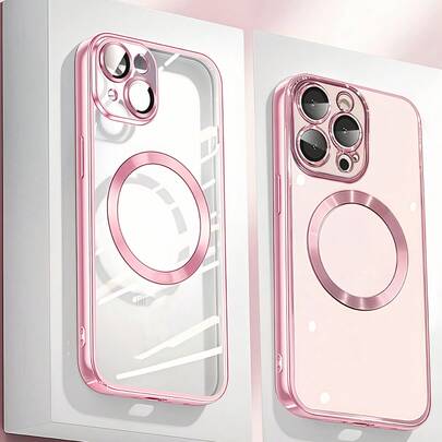 粉色磁吸时尚手机壳，透明亚克力材质，兼容 11/12/13/14/15/16 Pro Max Plus，支持无线充电，超薄设计，带磁吸支架，防水防震防摔防刮，春季礼物