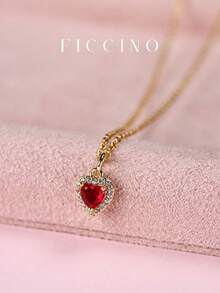 FICCINO 彩色心形方晶锆石镀金钛钢可调节长度项链，适合女孩，可爱迷人的项链，配有礼盒，非常适合送给女朋友和闺蜜 - 146n - 查看 10