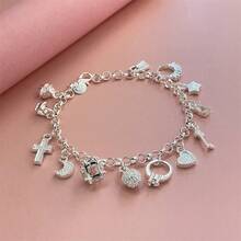 925纯银月亮心形锁手链男女款串饰婚礼派对时尚首饰 - 銀色 - 查看 2