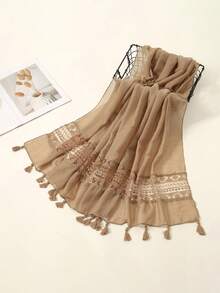 1件装女士纯色蕾丝流苏长款多功能围巾，高品质披肩，可搭配连衣裙