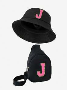 2 Pieces Letter Children's Bucket Hat, Stylish Simple Visor With A Shoulder Crossbody Bag, Suitable For Boys And Girls To Go Out Everyday.