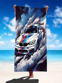 1pc Modern Blue And White Sports Car Beach Towel, Tropical Print Beach Towels, Large Beach Towel, Beach Blanket, Microfiber Towel, Picnic Mat 2-In-1 Oversized Polyester Beach Blanket, Sand Resistant Quick Drying Towel, Summer Travel Essentials, Playa,Camping, Bathroom, Swimming Pool, Beach Essentials, Bathroom Bath Towel, Cruise Ship Essentials, Beach Accessories, Hawaii,Birthday Present. Holiday Bathroom Decor