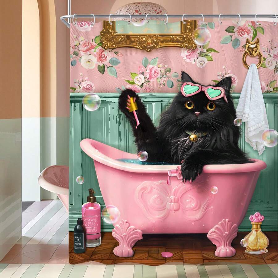 1 PIEZA Cortina de ducha divertida de gato rosa para niños, con diseño de animal de dibujos animados, mascota encantadora en la bañera, retro floral, decoración de baño, decoración de otoño, accesorios de baño, de vuelta a la escuela - Multicolor - Ver 1
