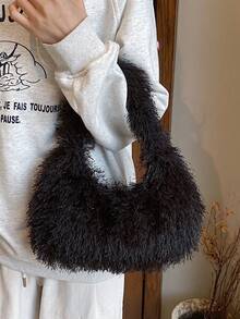 Bolso de hombro de tela lisa larga y corta de peluche de moda - Negro - Ver 8