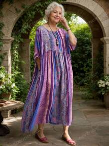 Plus Size Light Dress,2025 Summer Elegant Women's Dress, Plus-Size Women's Dress, Traditional Dress, Purple Striped Print Sleeved Round Neck Swing Dress, Summer Casual Holiday Style Everyday Wear,