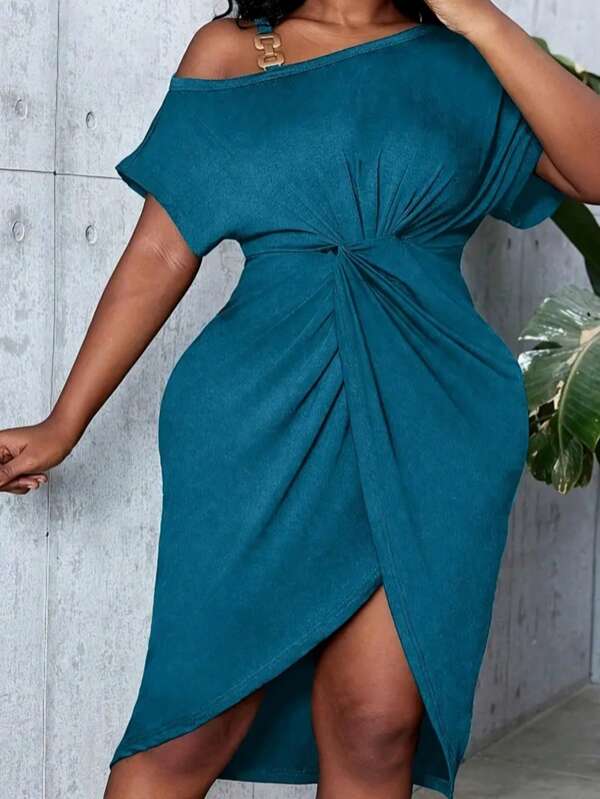 Plus Size Elegant Oblique Shoulder Twist Waist Slit Dress, Summer