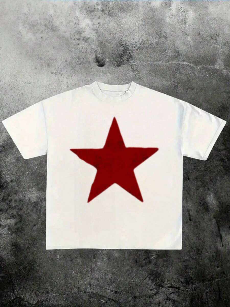 Simple  Red  Star  Printed T Shirt, 100% Cotton Of 220g Thickness, Classic And Timeless