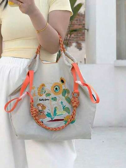 New Japanese Style Nylon Cartoon Embroidery Tote Bag, Large Capacity Commute Handbag, Fashionable & Versatile Small Brand Embroidered Tote