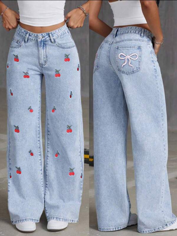 Girl & Teen Girls Fashion Street Style Jeans, Bow Embroidery Detail, Comfortable And Casual