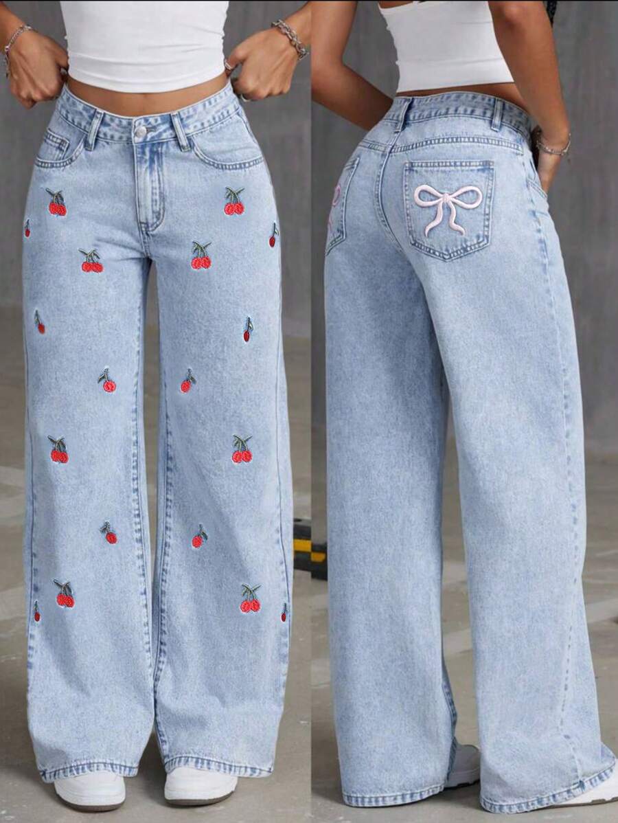Girl & Teen Girls Fashion Street Style Jeans, Bow Embroidery Detail, Comfortable And Casual