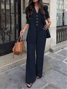 Women's Spring/Summer Casual Commute Striped Blazer, Top, And Pants 3-Piece Suit Set