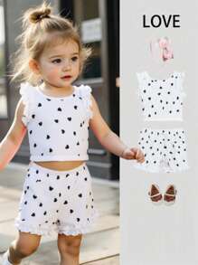 Baby Girl Cute Heart Print Sleeveless Top And Shorts 2pcs Set, Sweet Baby Outfits For Summer