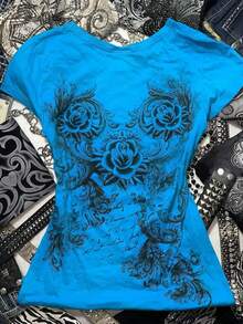 Womens Y2k Fairy Grunge Shirt Top Gothic Short Sleeve Sound Neck T Shirts Slim Crop Top E-Girl Punk Emo Tees Summer Going Out Tops Vintage Aesthetic Clothes  Streetwear - Blue - View 4