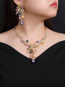 1 Set Of 3pcs Luxury Cubic Zirconia Necklace & Earrings Jewelry Set, Matching Wedding Dress, Party Gown, Faux Pearl Jewelry Gift For Holiday, Birthday
