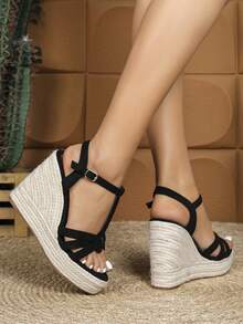 Women's Black Wedge Platform Casual Sandals,Summer Shoes - Black - View 9