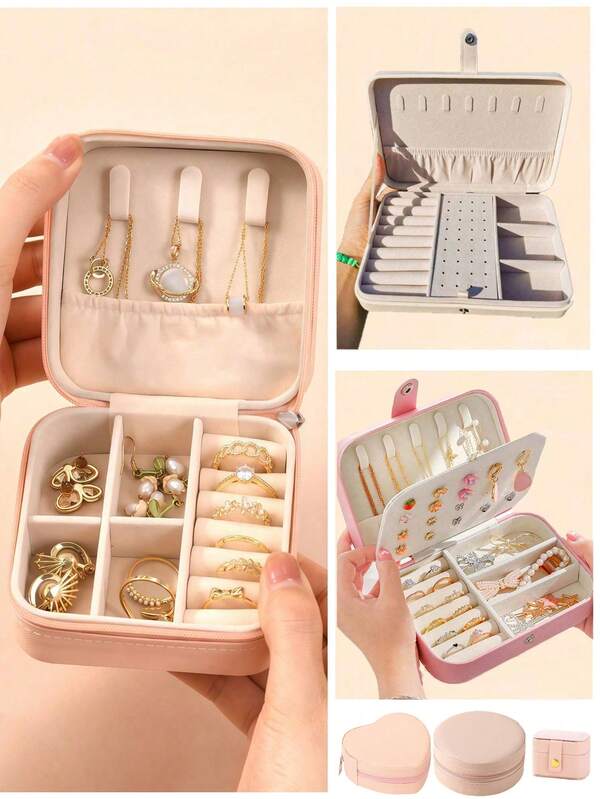 1 pieza Joyero con espejo, Caja de almacenamiento de joyas multifuncional para viajes, Doble capa de gran capacidad y mini caja portátil para anillos, con formas rectangulares, redondas, cuadradas y en forma de corazón, con cierre de cremallera y a presión, de piel de PU antioxidante e impermeable, adecuado para aretes, anillos, collares, pulseras, colgantes, regalo para fiestas, regalo para mujeres, madres