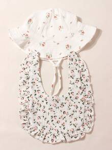 1pc Baby Hat, Baby Girls Solid Color Cute Bucket Hat Set Suitable For Outdoor Sun Protection + 1pc Printing Soft Cute Baby Bib - Multicolor - View 1